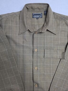 Pronti Men's L Glen Plaid Button Up Shirt Pointed Collar Brown‎ Tan Check